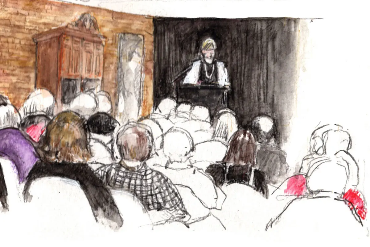 Sketch of speaker at Melbourne's Rare Book Week